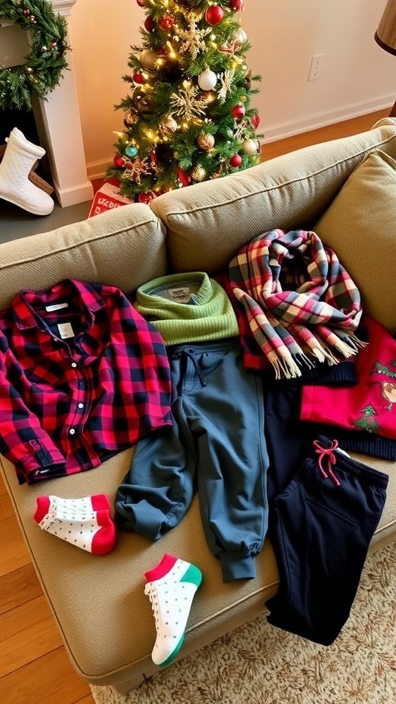 Casual Christmas Outfit Ideas Casual Christmas outfits displayed in a cozy living room with a Christmas tree.